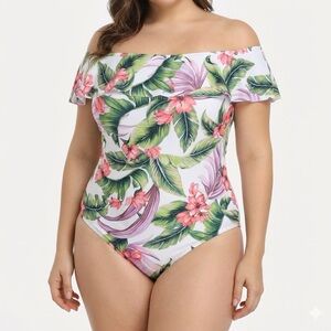 KONA SOLE . Off the Shoulder Tropical Print One piece Swimsuit